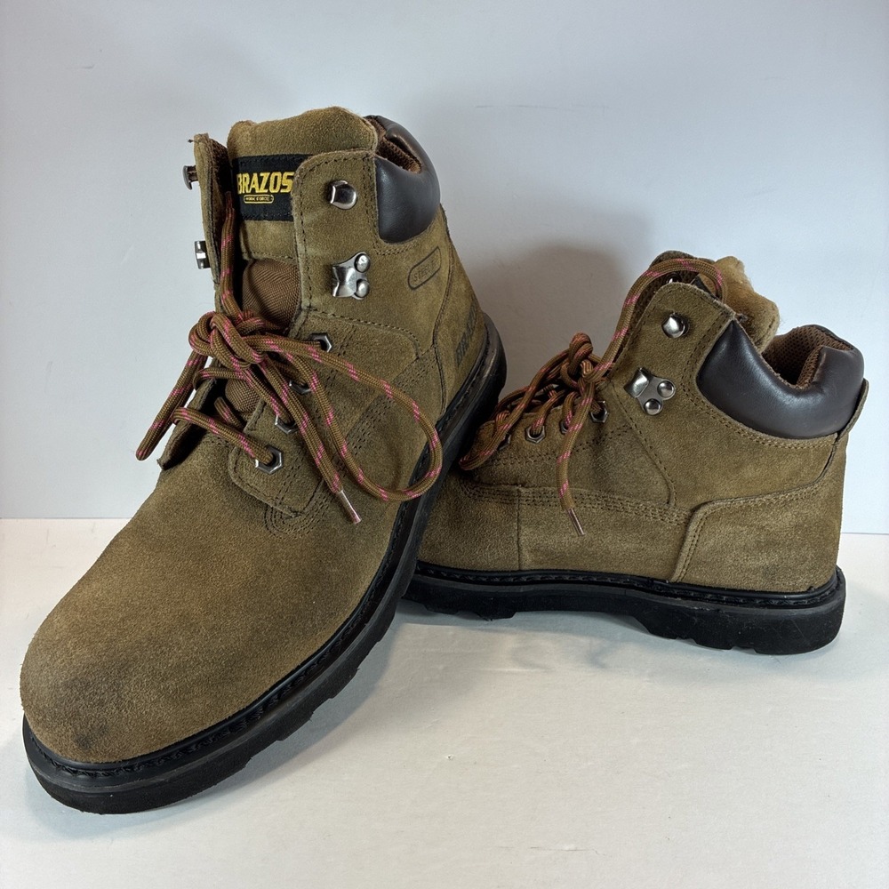Women Sz 9.5 B Boots Shoes Leather Work Steel Toe Brazos Suede Ankle Lace Up